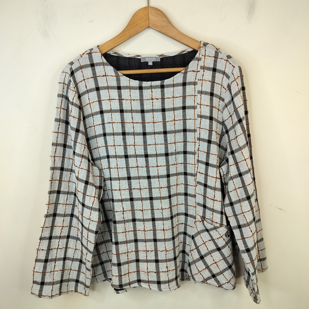 Habitat Clothes To Live In  Plaid Top Large Pocket Casual Gray Artsy Cotton